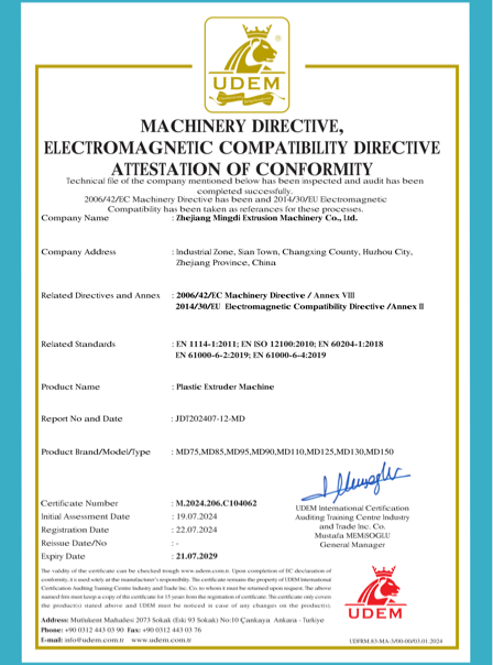 2024 EU CE certificate for CHAMPION plastic extrusion equipment