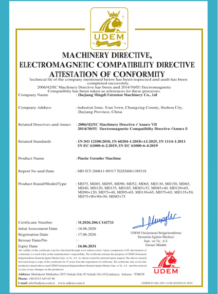 2026 EU CE certificate for CHAMPION plastic extrusion equipment